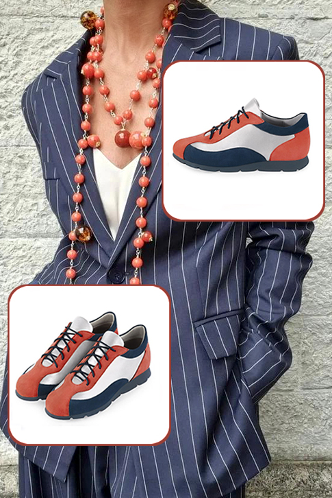 Terracotta orange, light silver and navy blue women's elegant sneakers. Round toe. Flat rubber soles. Top view - Florence KOOIJMAN